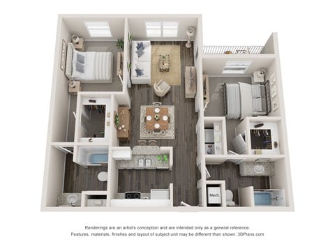 Floor plan for 2 beds, 2 baths, 1155 sqft